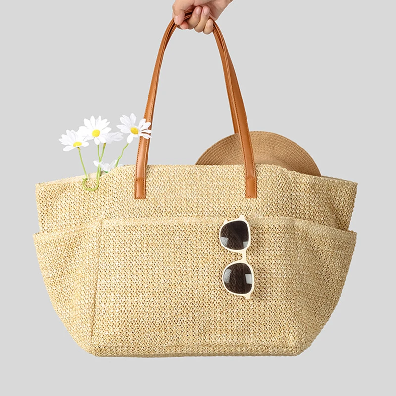 

2025 Summer New Women's Woven Handbag Fashion Double Pocket Large Capacity Beach Bag Shoulder Bag Handheld Tote Bag