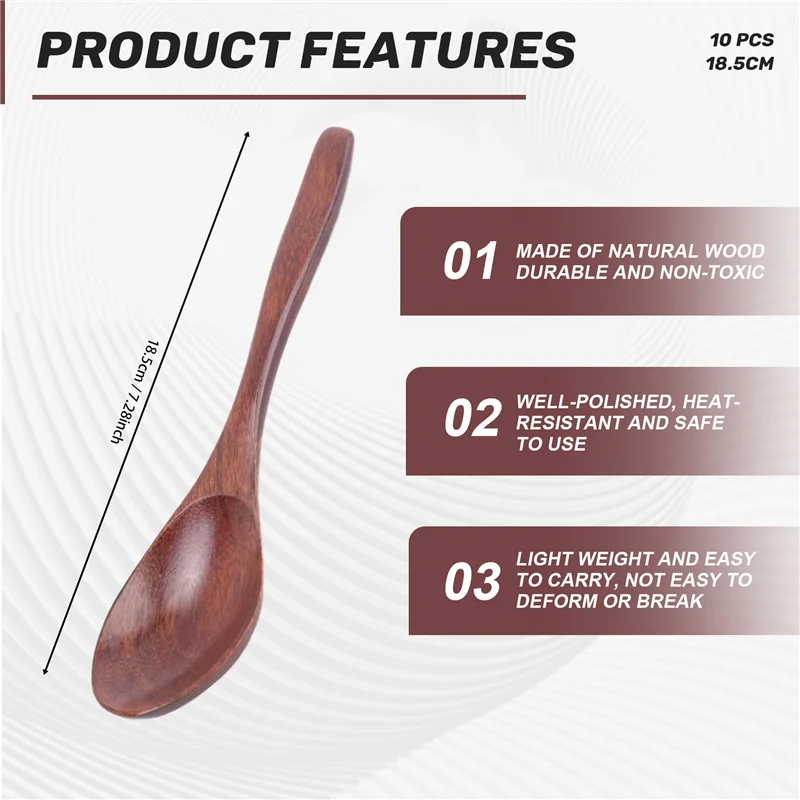 

BHTS-Wooden Spoons, 10 PCS Wood Soup Spoon Set, Long Handle Natural Wood Table Spoons For Eating Mixing Stirring Cooking - 7.3 I