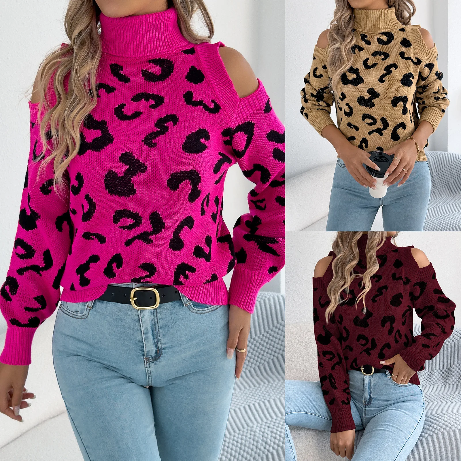 2026 Autumn Winter Women's Sweater Tops Sweaters Women Female Women's High-Neck Off-Shoulder Leopard Print Long-Sleeve Sweater 3