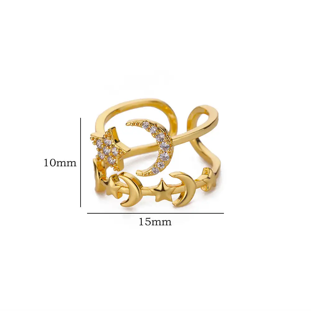 Women's Adjustable Zircon Star Moon Ring, Gold Color