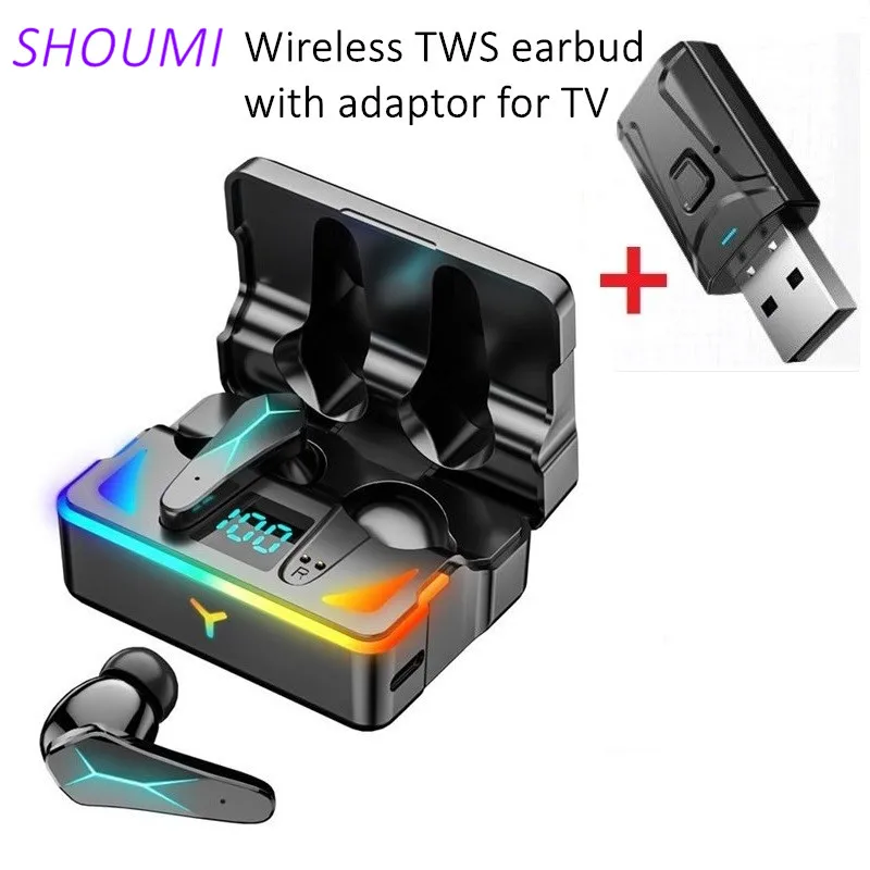 Game TWS Bluetooth Earbud with Mic USB adaptor Wireless Gaming Earphone Sport LED Display Noise Cancelling Headset for TV Mobile