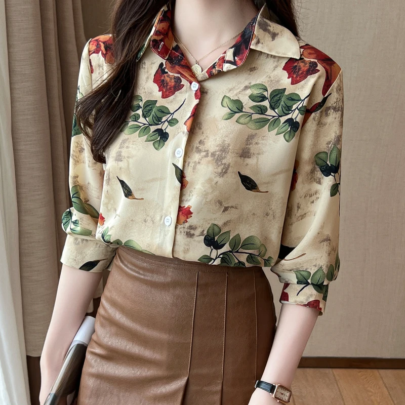 Women Spring Simplicity Office Lady Floral Silk Elegant Polo-Neck Long Sleeve Shirts Women Clothes Casual All-match Vintage Tops