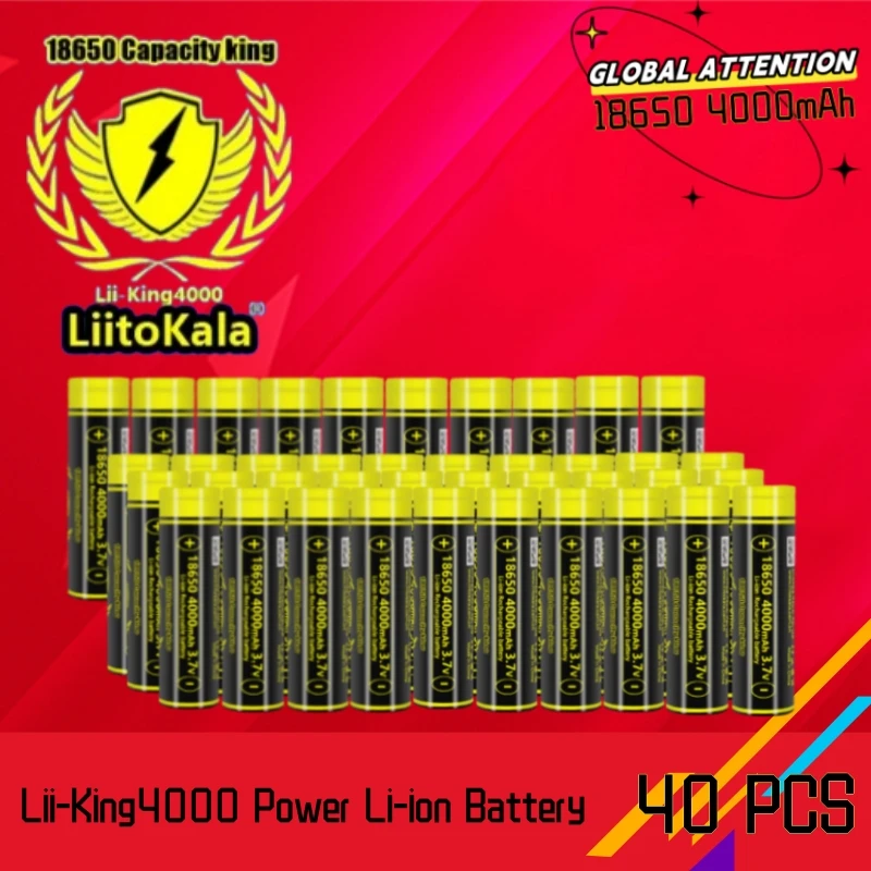 40pcs LiitoKala Lii-King4000 3.7v 18650 4000mAh Lithium Rechargeable Batteries Continuous Discharge 12A For Drone Power Tools