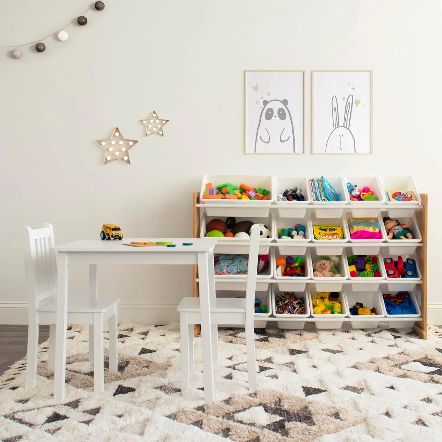 Meja Kayu Anak Bentuk Persegi Putih dan Set 2 Kursi untuk Balita, Seni Kerajinan Waktu Santap - Furnitur Aktivitas yang Tahan Lama