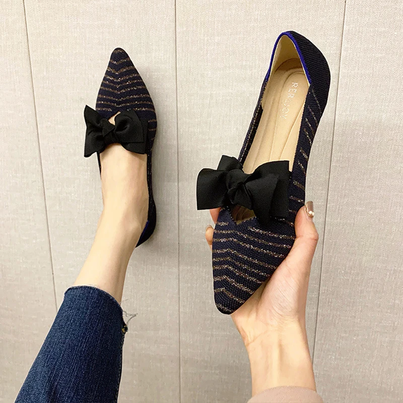 Women\'s flat shoes Fashion bow anti slip rubber sole knitted breathable rest comfortable shoes Spring and Autumn 2023