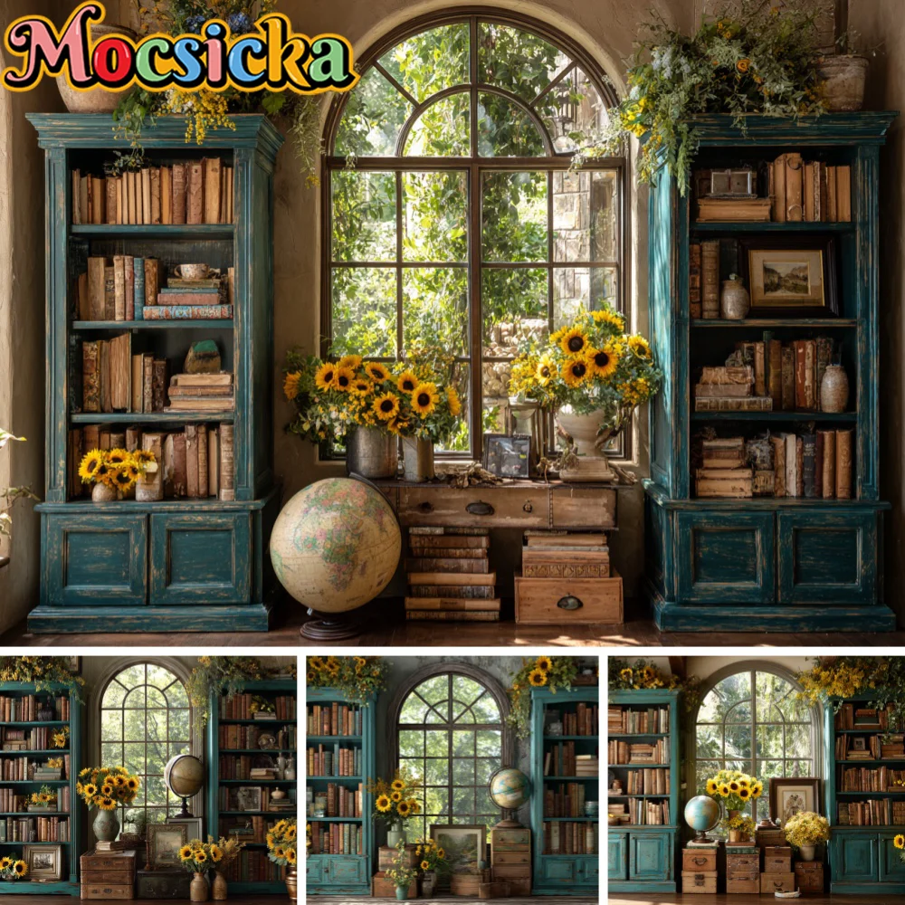 

Back to School Party Backdrop for Student Photography Bookshelf Window Floor Background Kid Cake Smash Photo Studio