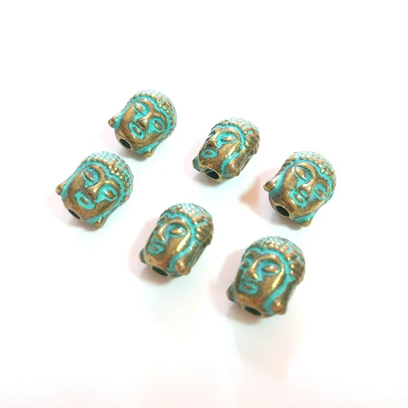 10pcs/lot 10MM Antique Patina Zinc Alloy Green Buddha Head Charms Beads Fit for Bracelet Necklace Crafts Making DIY Accessaries