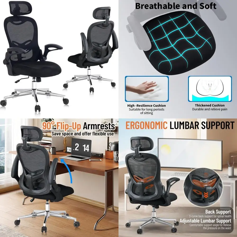 

Ergonomic Mesh Office Chair with Flip-Up Arms, Adjustable Lumbar Support for Comfortable Home and Office Use