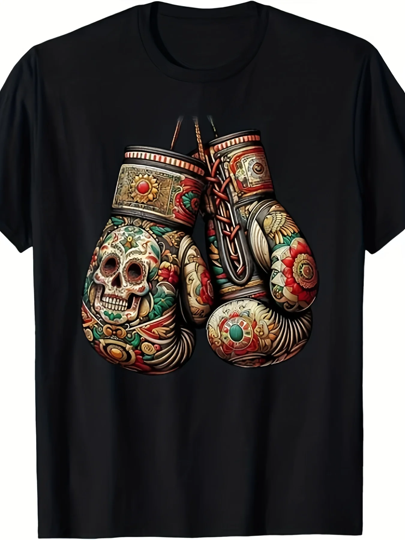 Sugar Skull Boxing Gloves Graphic T-Shirt Men Unisex Mexican Day of the Dead Warrior Print Round Neck Tee
