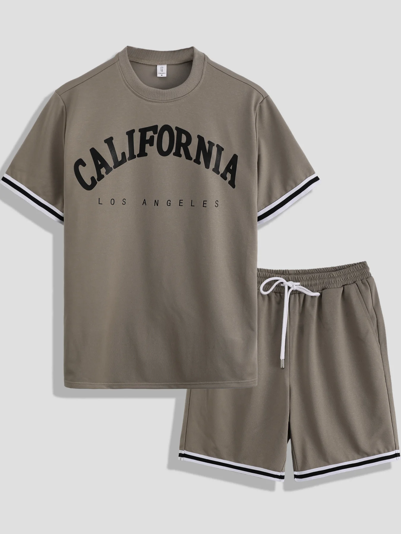 

Men's American California Letter Print Short Set | Khaki Stripe 2-Piece Summer Casual Outfit