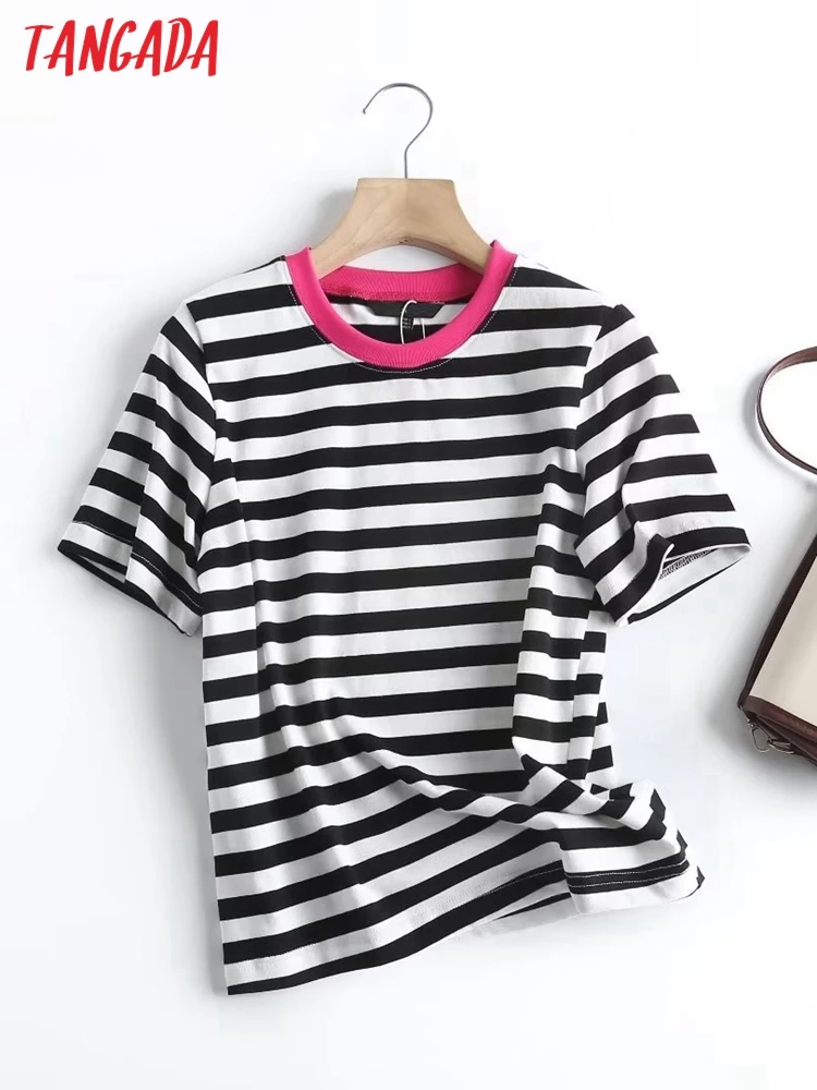 Tangada 2023 Women Vintage Striped Cotton T Shirt Long Sleeve Tees Ladies Casual Shirt 4C168