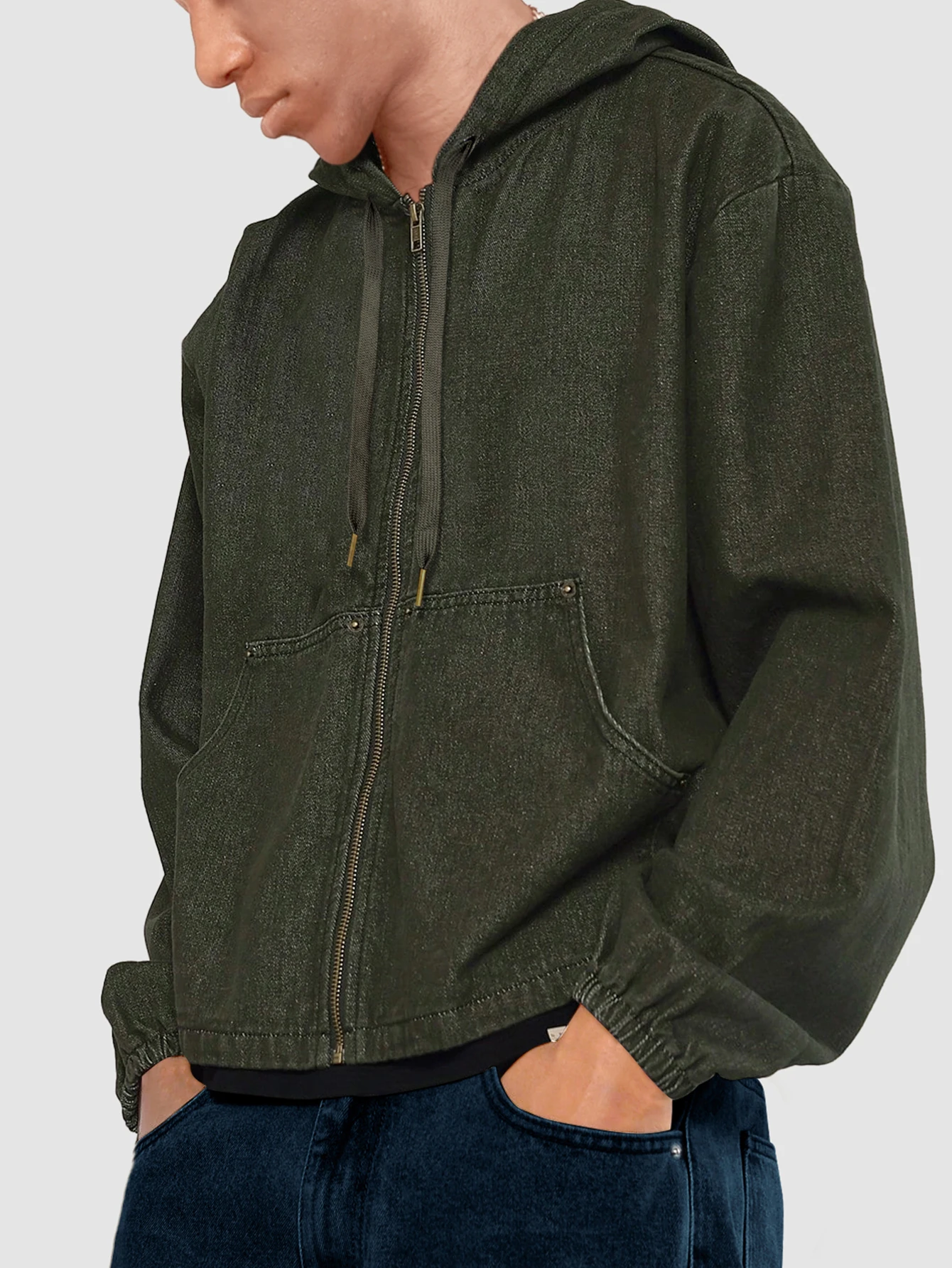 

Men's Fashion Denim Jacket Loose Hooded Trendy Military Green Sweater Large Pocket Zipper Cardigan Long Sleeve Top