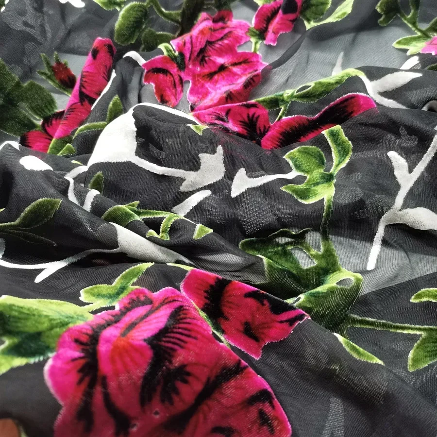 Floral Hollowed Velvet Dress Flocked DIY Rayon Burn-out Fabric 114cm Width Cheongsam Gown Material