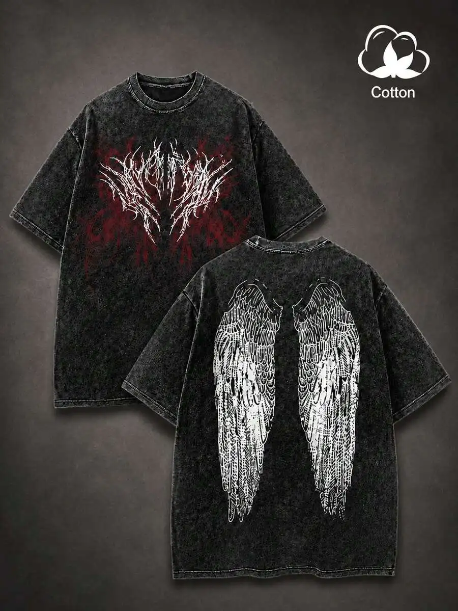 Manfinity EMRG Men's Plus Size Wing Print Loose Short Sleeve T-Shirt, Holiday, Holiday