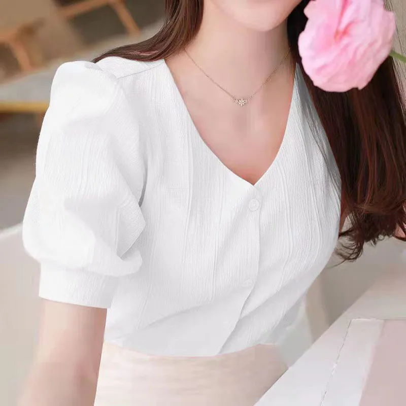 

Elegant V-Neck Button Puff Sleeve Sweet Blouse Women's Clothing 2023 Summer New Loose Casual Tops All-match Office Lady Shirt