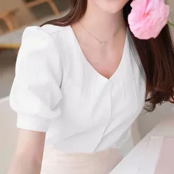 Elegant V-Neck Button Puff Sleeve Sweet Blouse Women's Clothing 2023 Summer New Loose Casual Tops All-match Office Lady Shirt