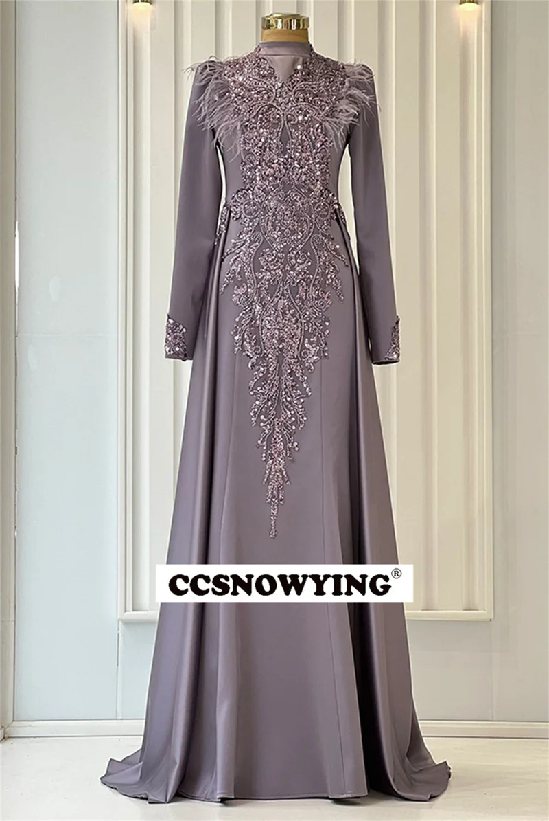 Appliques Feather Long Sleeve Muslim Evening Dresses Satin Hijab Islamic Formal Party Gown Arabic Dubai Women Robes De Soirée