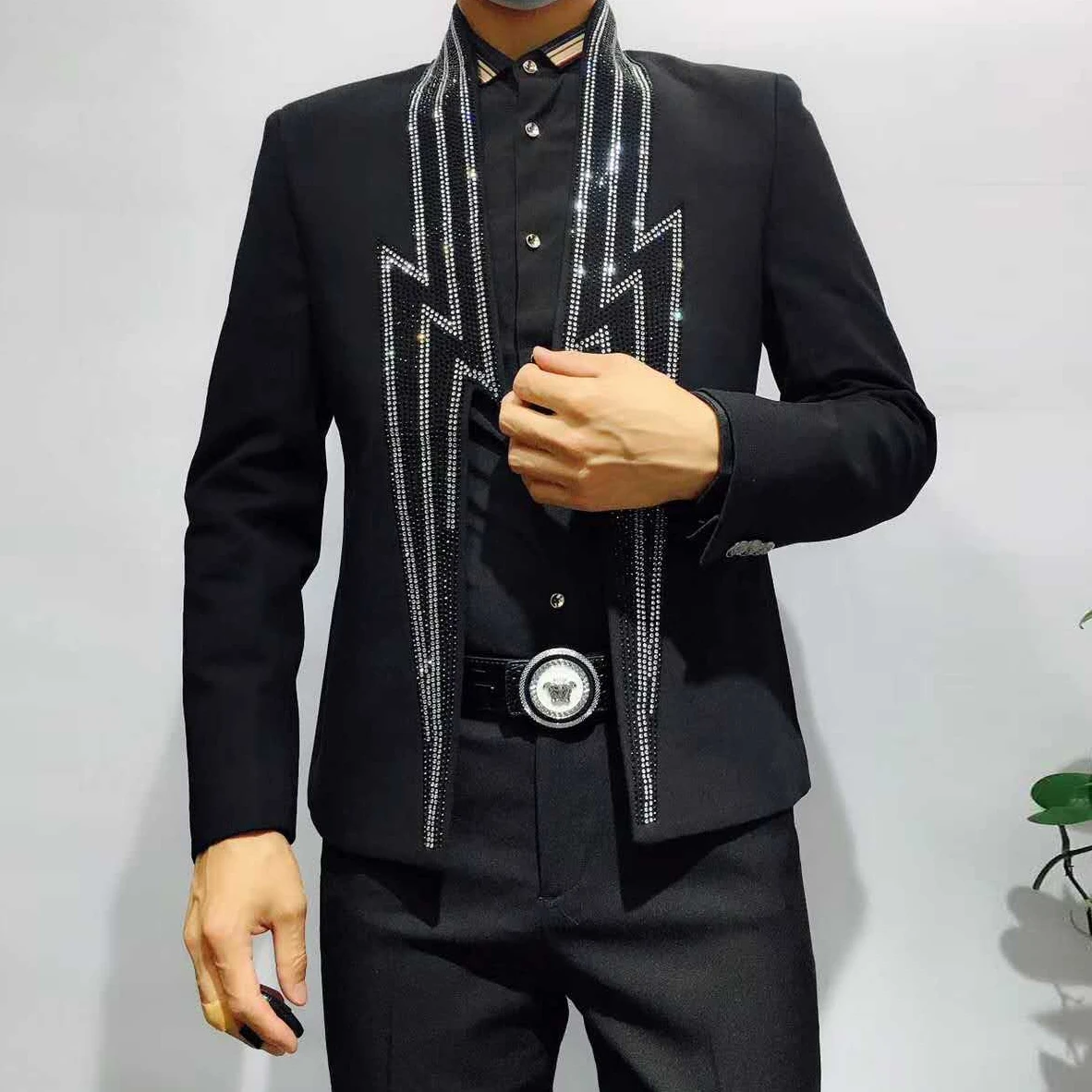 Jaqueta masculina pesada indústria de luxo banquete jaqueta blazer masculino relâmpago strass jaqueta clube festa blazer masculino palco terno