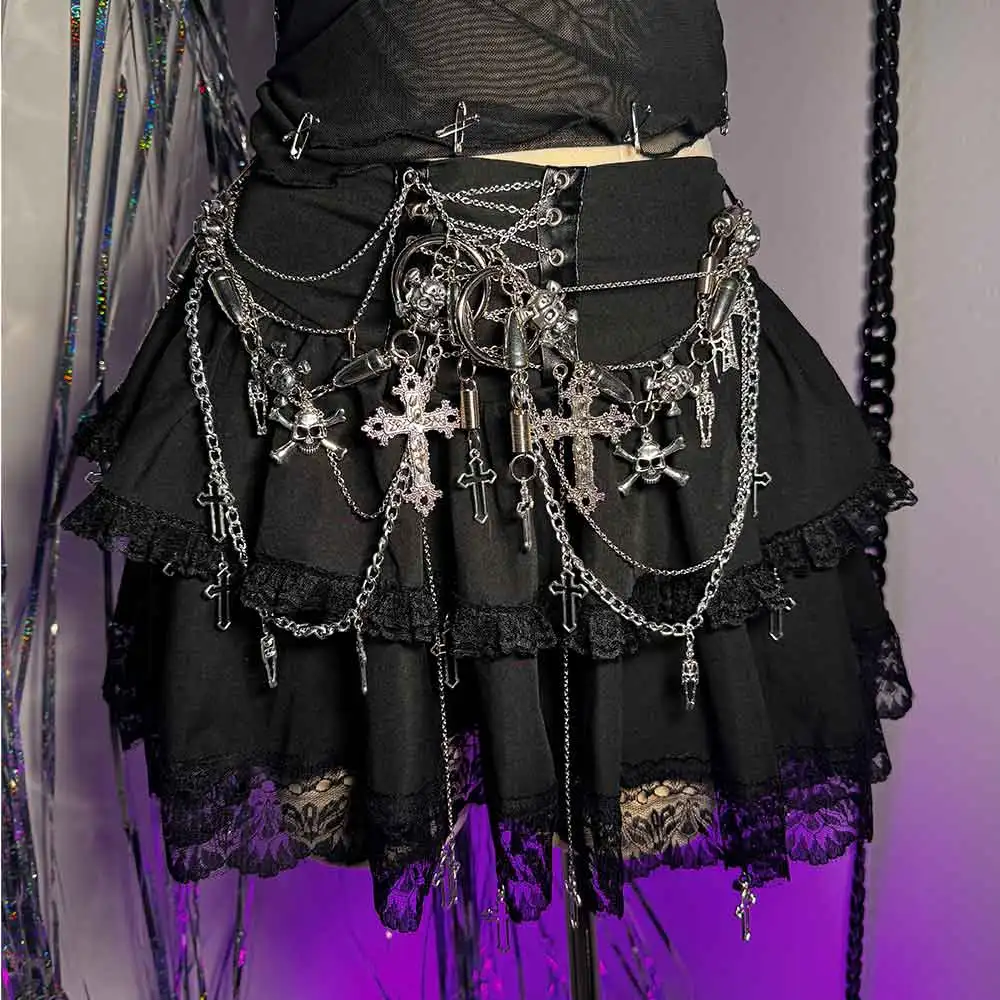 パンクロック ハンドメイド DIY ゴスチェーン ティーン ゴシック スカート グランジ 90年代 クラブウェア Y2K Eガールズ 原宿系 カワイイ エモ クロス スカル エコ