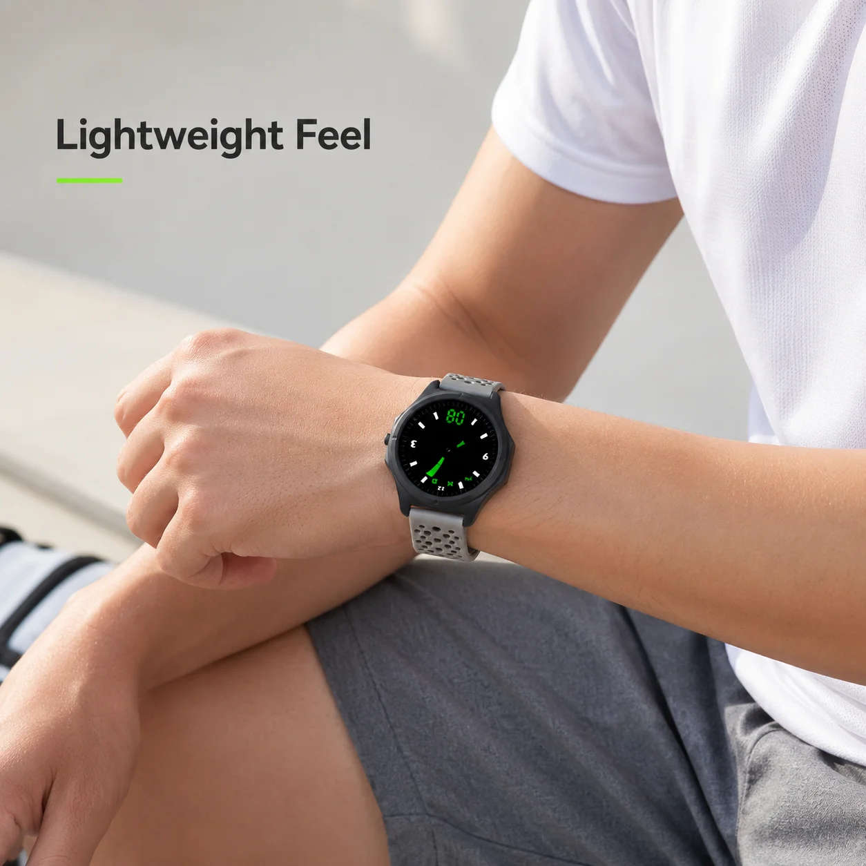 Sports digital watch with porous silicone strap, lightweight casual wristwatch, green display dial, breathable watch band