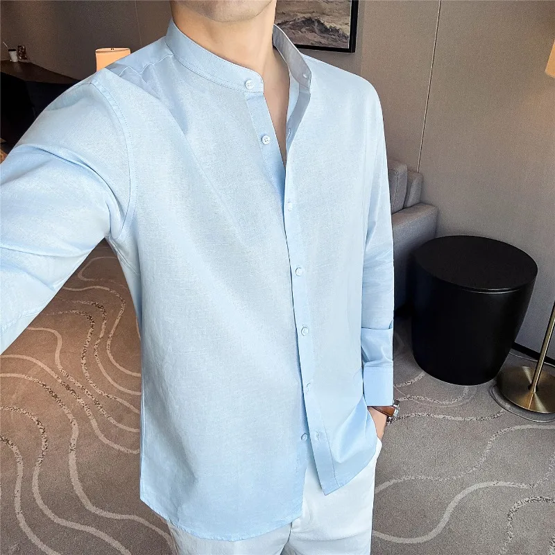 

Men's 55% Cotton 45% Linen Stand-up Collar Shirt Long Sleeve Solid Color Casual Breathable Loose Fit Top