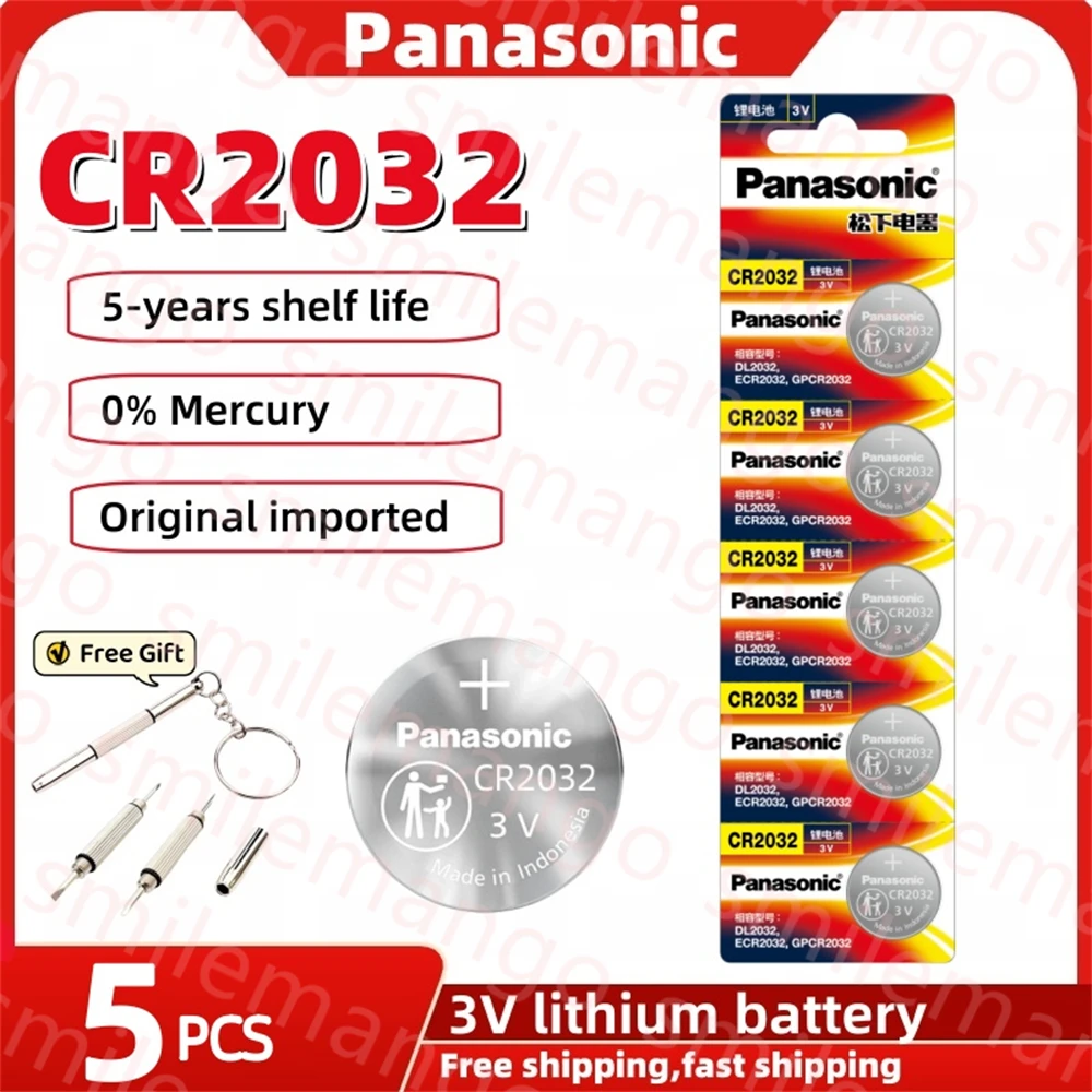 Panasonic-Pile au lithium CR2032 CE2025 CR2016 3V, pour calculatrice, jouet, montre, pile bouton + tournevis gratuit DL2032, 5 pièces