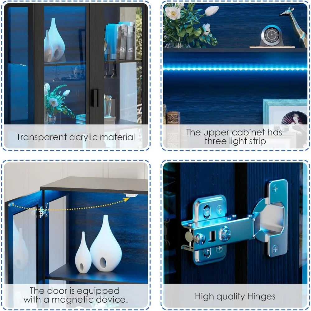 Armário de exibição com portas acrílicas, armário de armazenamento Curio com 3 prateleiras, estante com luzes LED, loja de sensores de corpo humano