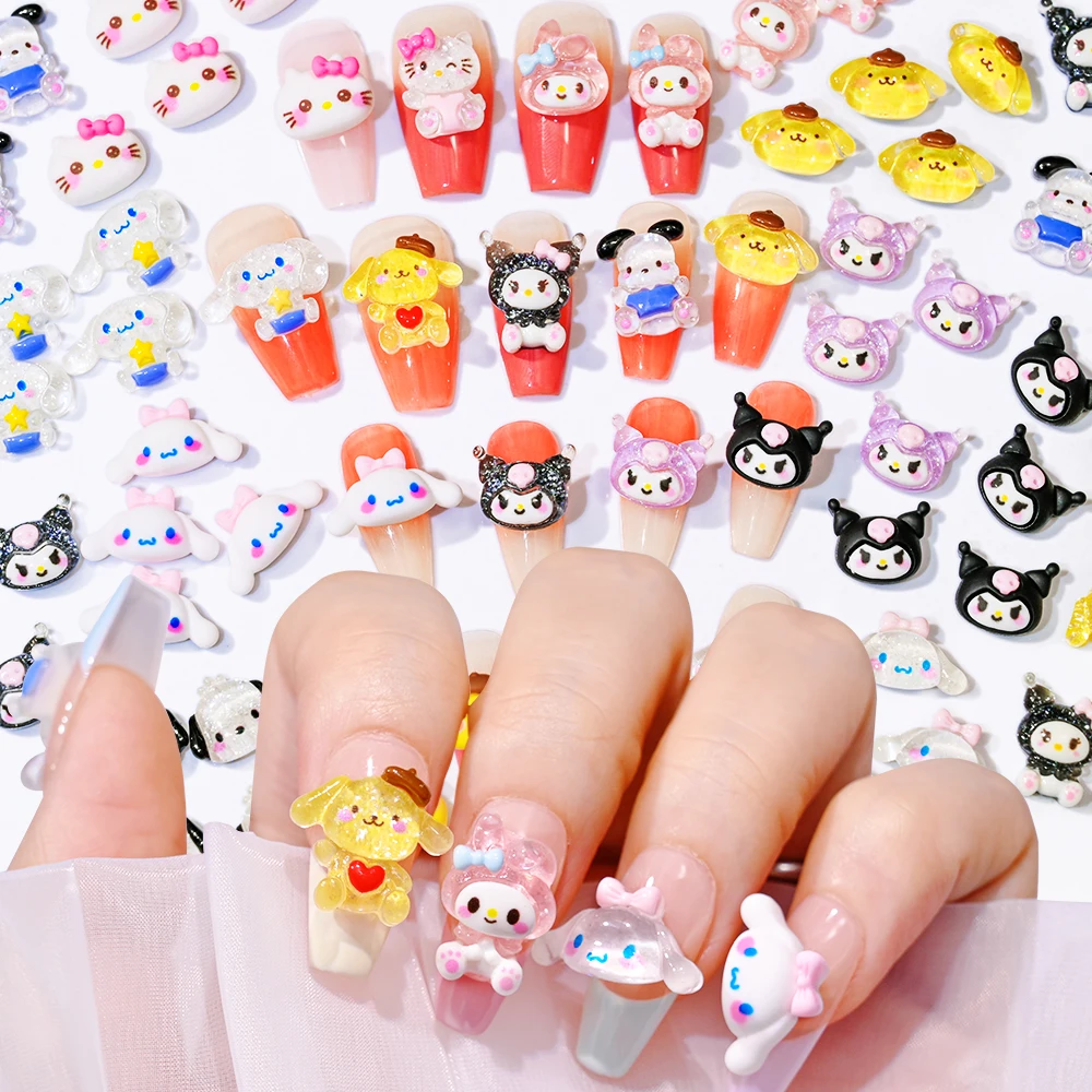 10Pcs/Lot Christmas Kawaii Hello Kitty/Kuromi Nail Art Charms 13*10mm 3D Transparent Manicure Rhinestone Y2K Cartoon Nail Decor