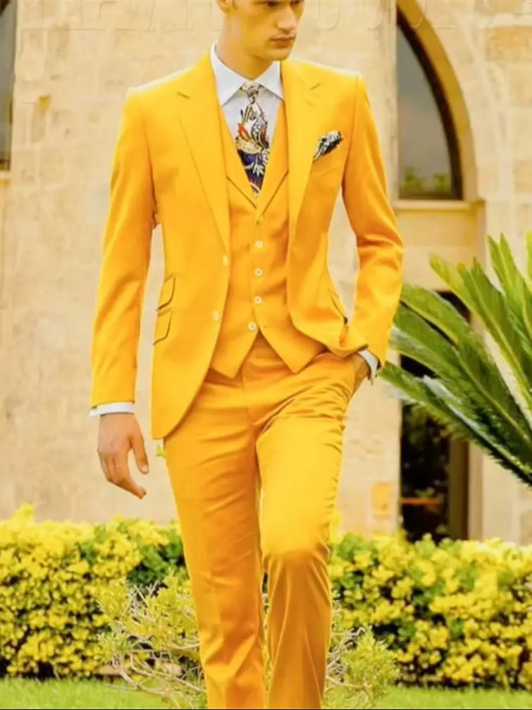 

3 Piece Yellow Men's Suits Elegant Full Set Single Breasted Notch Lapel Formal Outwear（Jacket+Pants+Vest) Wedding Prom Costume