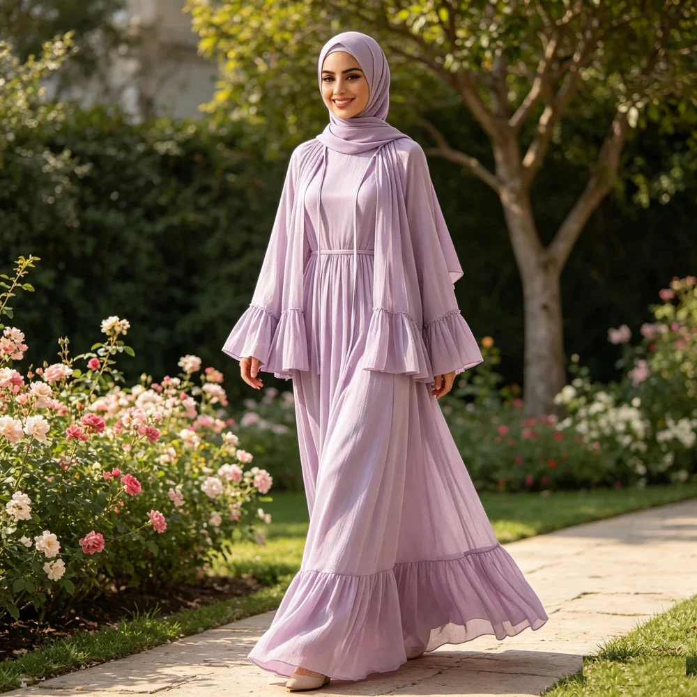 

Fashion Lady Long Maxi Abaya Ruffled Crepe Cloak Shawl Kimono Dubai Kaftan Turkey Jalabiya Kebaya Casual Elegant Party Robe New