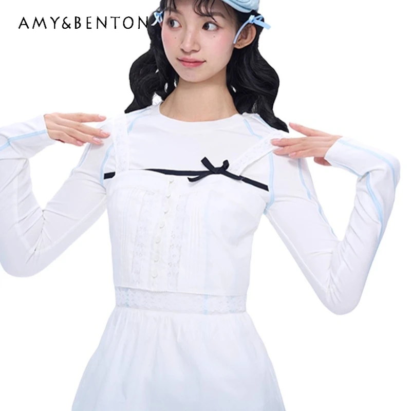 

French Design White Sweet Spicy Cotton Lace Strap Floral Women's Sling New Elegant Versatile Layered Slimming T-Shirt Ladies