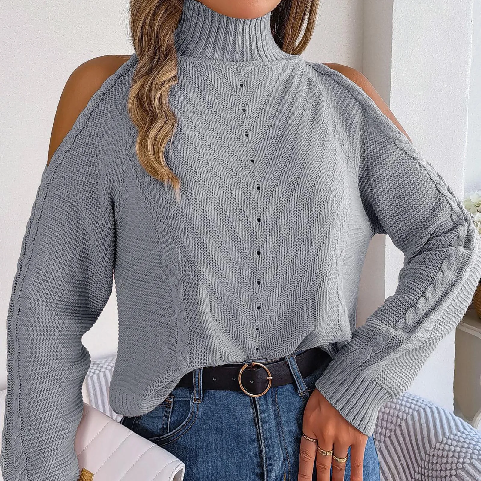 Womens Knit High Neckline With Bare Shoulders Crew Neck Long Sleeve Casual Loose Pullover Sweater Top