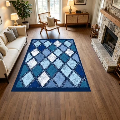 Shades of Blue Square Diamond Grid Carpet Flooring, Mosaic Geometric Non-Slip Floor Rug for Living Room Bedroom Home Decoration