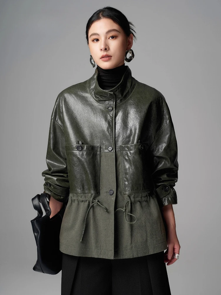 

Patchwork Genuine Leather Windbreaker Jackets for Women Spring Autumn High-end Simple Vintage Stand Collar Real Sheepskin Coat