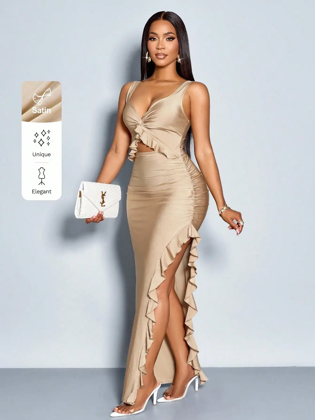 

Атласное женское облегающее платье с драпировкой, узлом спереди, оборками по низу и высоким боковым разрезом