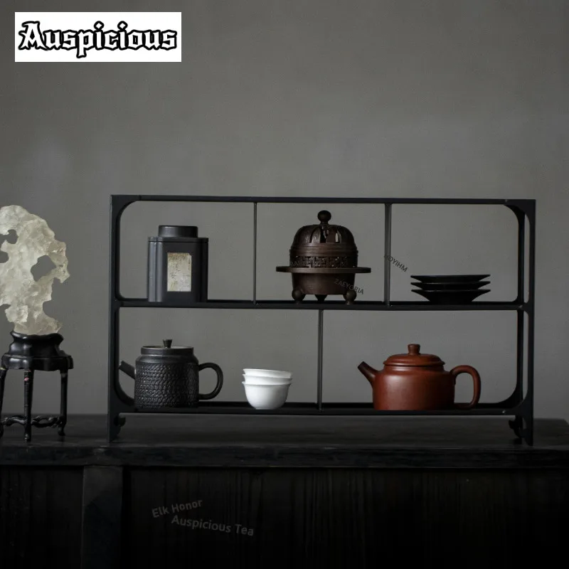 ZAEYORIA Iron Tea Scaffolding Tea Cup Rack Storage Rack Desktop Storage Rack Display Rack Simple Ancient Rack Duobao Pavilion