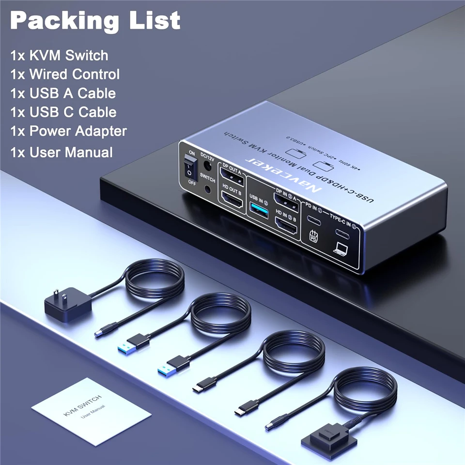 USB C HDMI DP KVM Switch 2K 144Hz Dual Monitors 4K Type C ThunderBolt KVM Switch