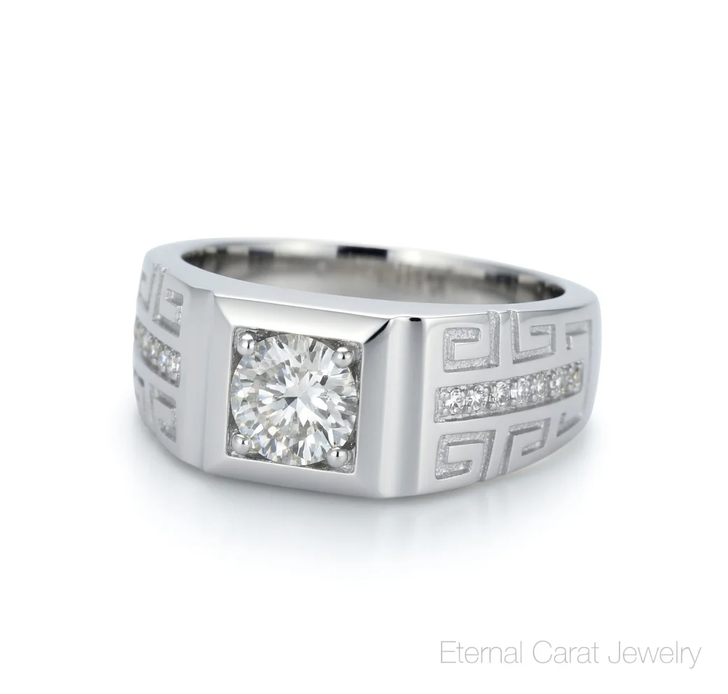 Luxury PT950 Platinum Men's Greek Key Square Moissanite Pave Engagement Wedding Ring Adjustable Band Anniversary Gift Jewelry Sp