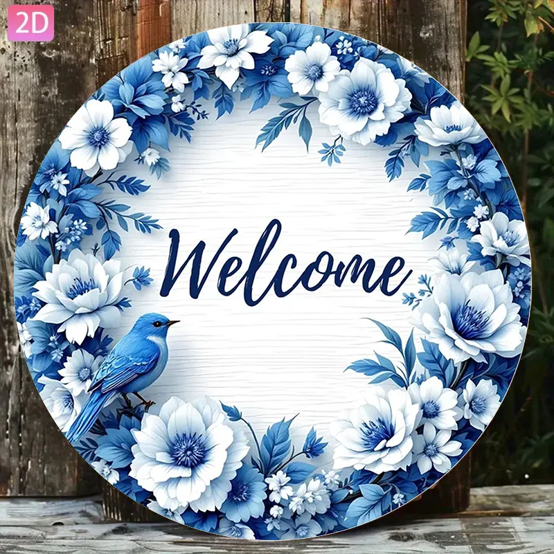 1pc Elegant Vintage Blue Floral Welcome Sign Cursive Lettering Metal Plaque Wall Decor 8 0X12 0inch Suitable for Christmas