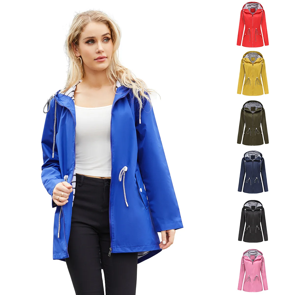 Women's New Mid Long Hooded Trench Coat Water Resistant Striped Lining Comfortable Casual Elegant Office Zipper Ladies Outerwear