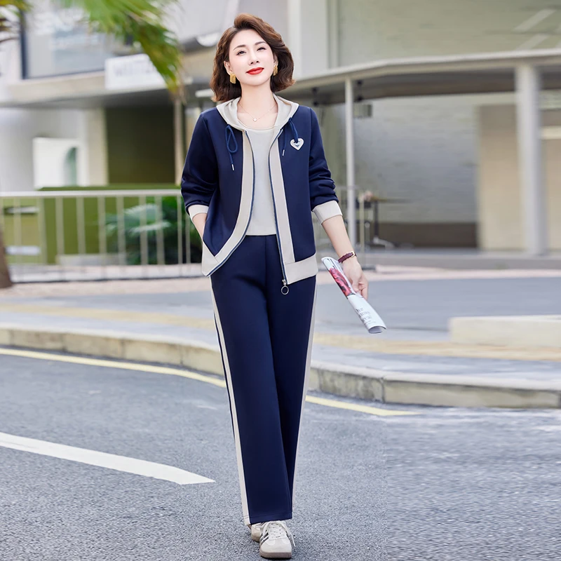 

Модный осенний комплект одежды, повседневная спортивная одежда, костюм из двух предметов для женщин среднего возраста, длинные брюки из полиэфирного волокна, подставка