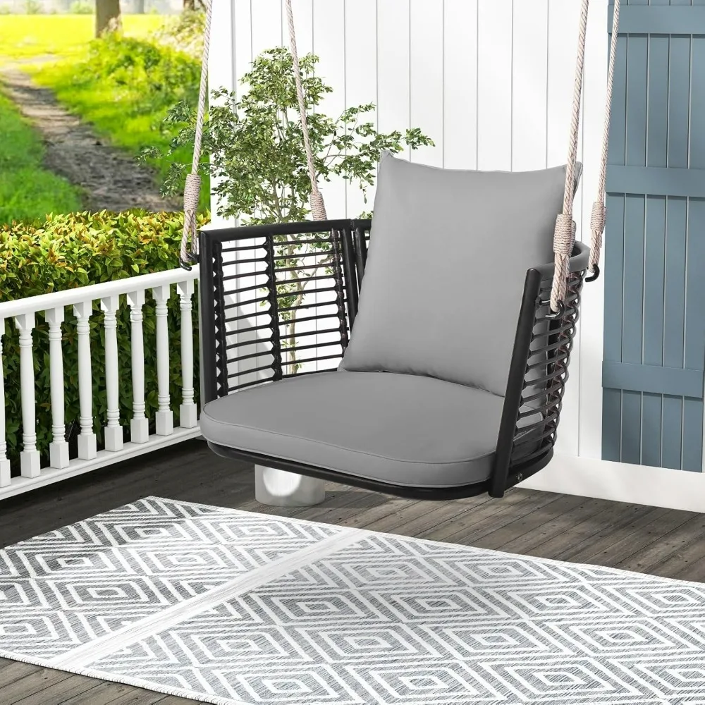 

Single Outdoor Porch Swing - Hanging Swing w/Cushions, Rattan Backrest, Metal Frame, 2 Ropes, Max 400 LBS Load, Swinging Seat