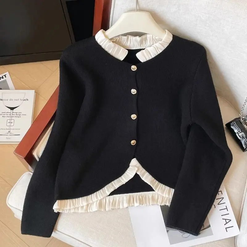 O-neck Solid Color Knitting Cardigan Women Autumn Winter Fashion Ruffles Long Sleeve Sweater All-match Simplicity Knitwear Tops