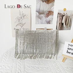 New Bling Diamond Tassel Mobile Phone Bag for Women Evening Handbags Sling Female Aluminum Metal Mesh Bag Purse