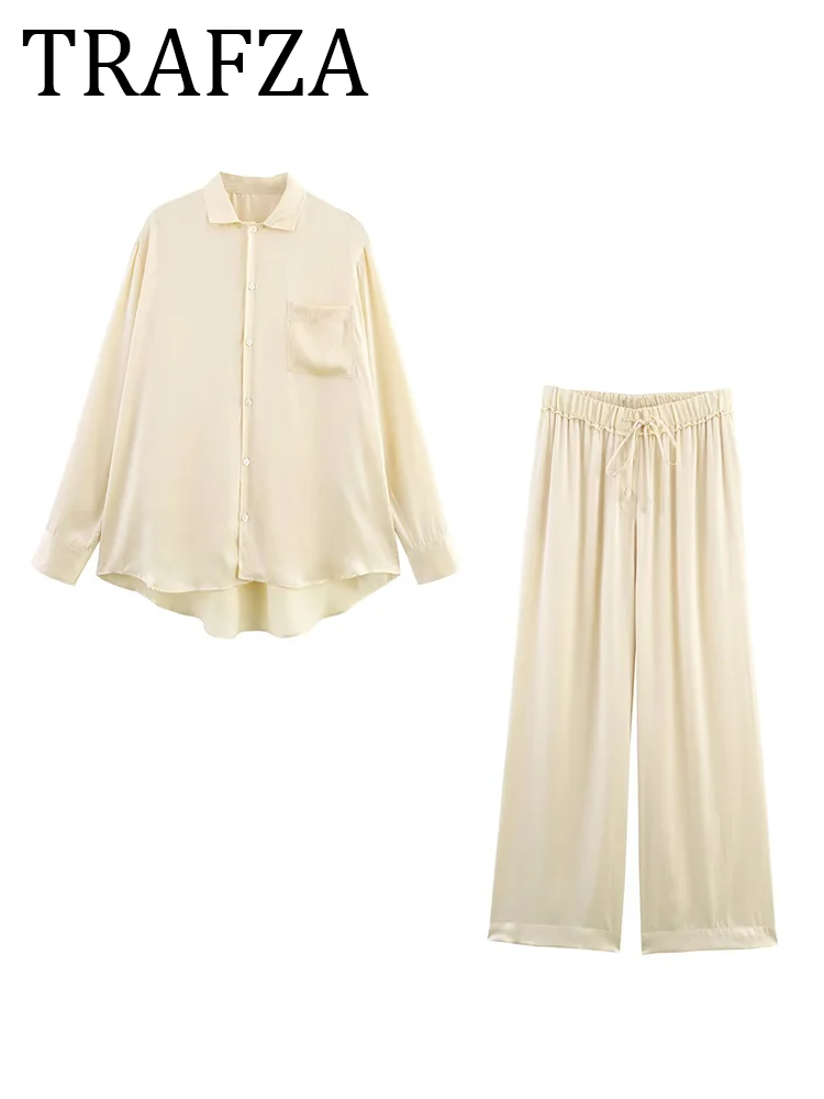 

TRAFZA Pants Sets 2025 Women Fashion Long Sleeve Pocket Shirt+Mid-Rise Trousers Two Pieces Suit Summer Elegant Outfit Lady Set