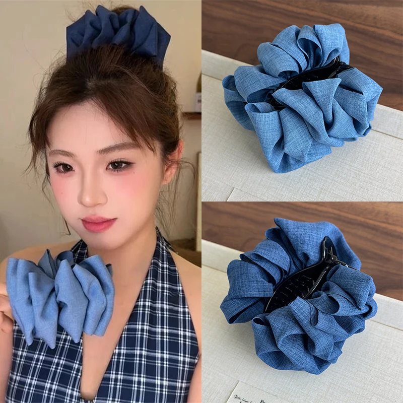 

Pleated Denim Blue Ball Clip Hairpin Female Sweet Cool Temperament Fashion Female Hairpin Hair Accessories