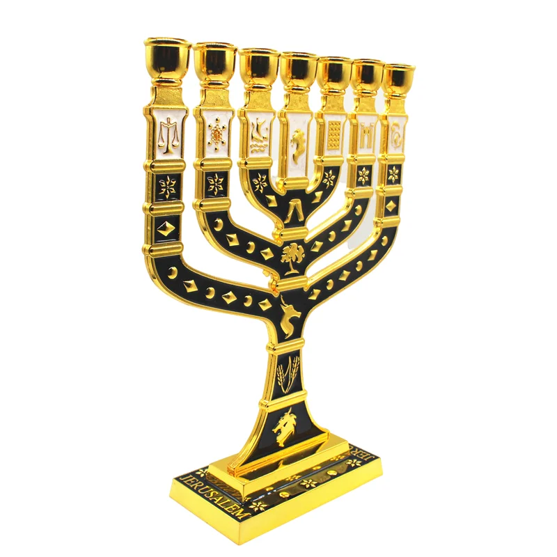

7 Branch Menorah Jerusalem 12 Tribes of Israel Jewish Candle Holder Black Gold Enamel Metal Candlestick Religious Home Decor