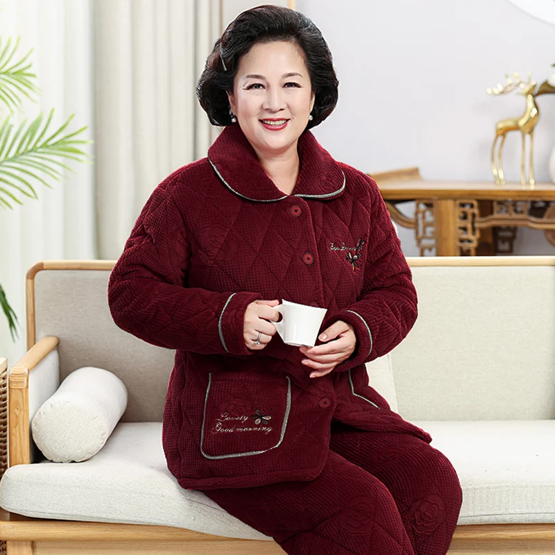 Thickened Coral Fleece Women Pajamas Set Winter Warm Flannel Pijamas Suit Nightwear Loose Turn-down Collar Lounge Wear