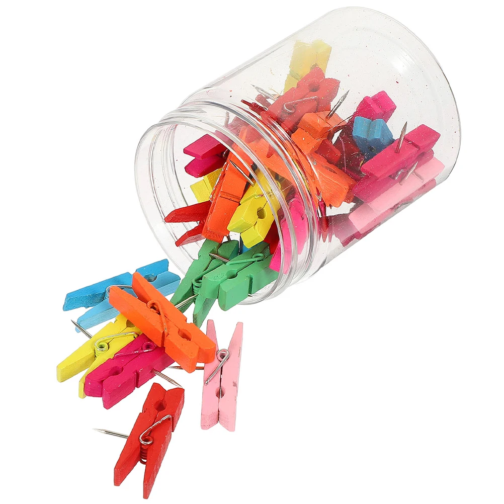 

50pcs Wooden Clip Thumbtack Storage Box Multiple Colors Rounded Corners Smooth Craft Paper Classroom Office Decor Push Pins