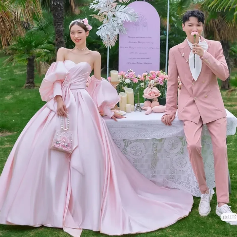 

Pink Princess Wedding Gowns Korea Photo Shoot Sweetheart Floor Length Party Formal Dress A Line Corset Back Evening Prom Dresses